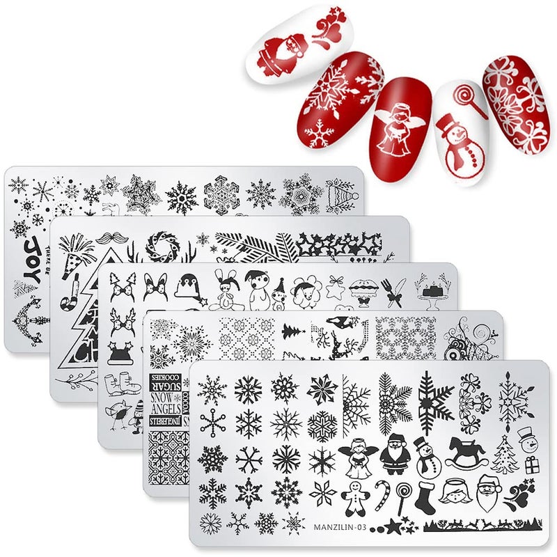 WOKOTO 5Pcs Christmas Nail Stamping Plates for Acrylic Nails Set - Santa, Reindeer, Snow Winter Nail Art Image Plate Manicure Template Nail Art Tools for Nail Polish Stamp Stencils - Image 1